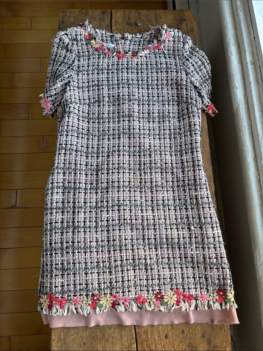 Tenax Floral Trim Tweed Shift Dress